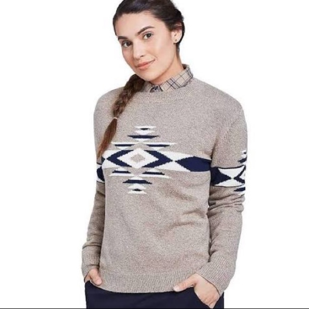 United By Blue Beige Crewneck Sweater with Navy & White Aztec Stripe